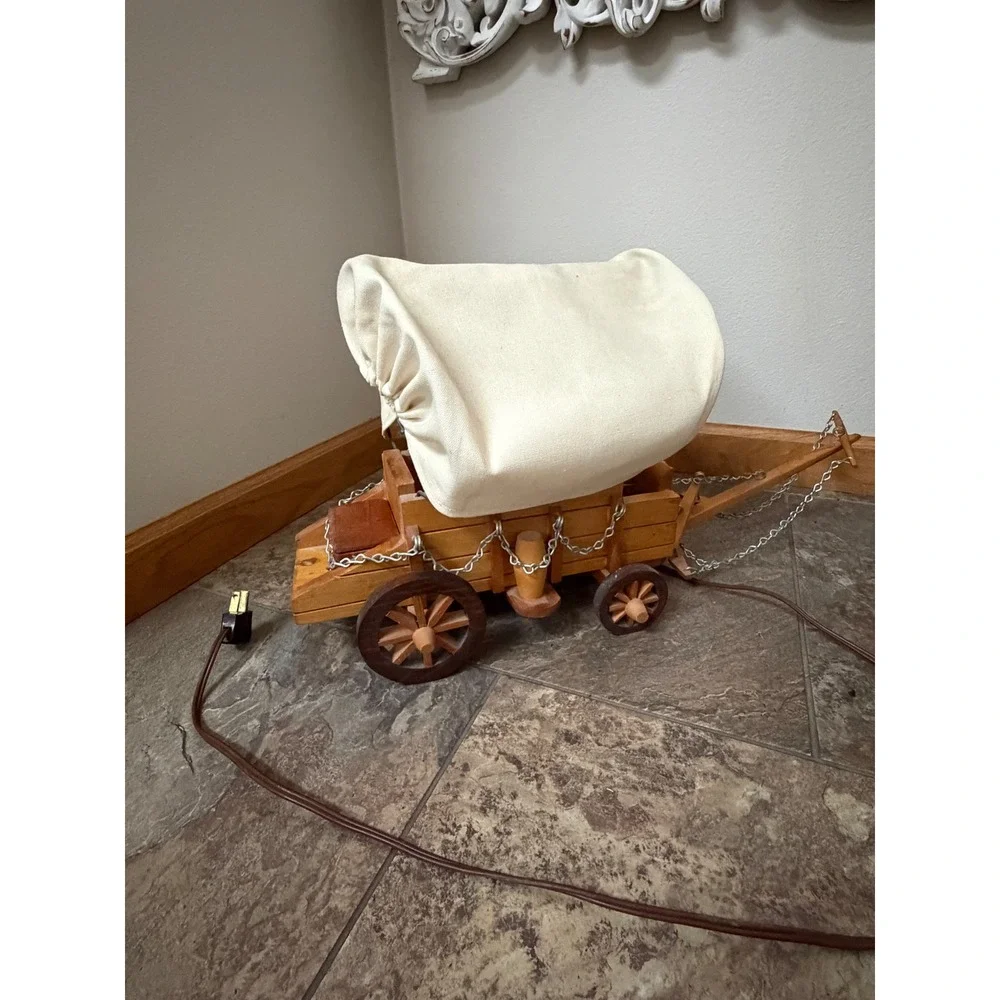 Vintage Wooden Covered Wagon Lamp Rustic Western Folk Art Canvas Canopy Light
